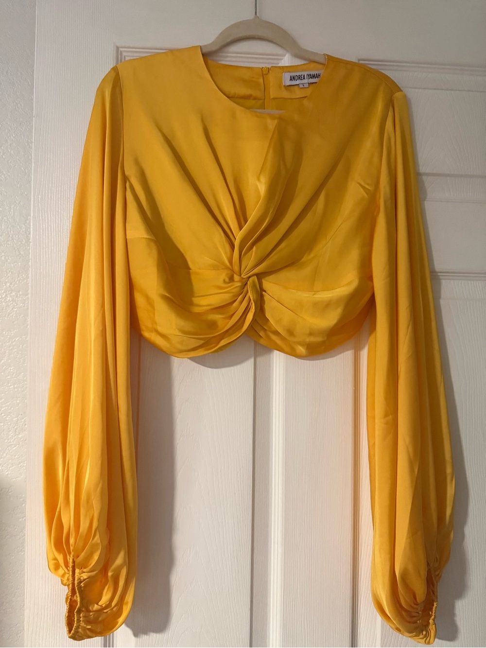 Andrea Iyamah Golden Yellow Twist-Front Long Sleeve Crop Blouse